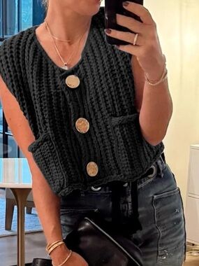 ShopEvelynne Black Chunky Knit Button-Front Vest with Gold Buttons